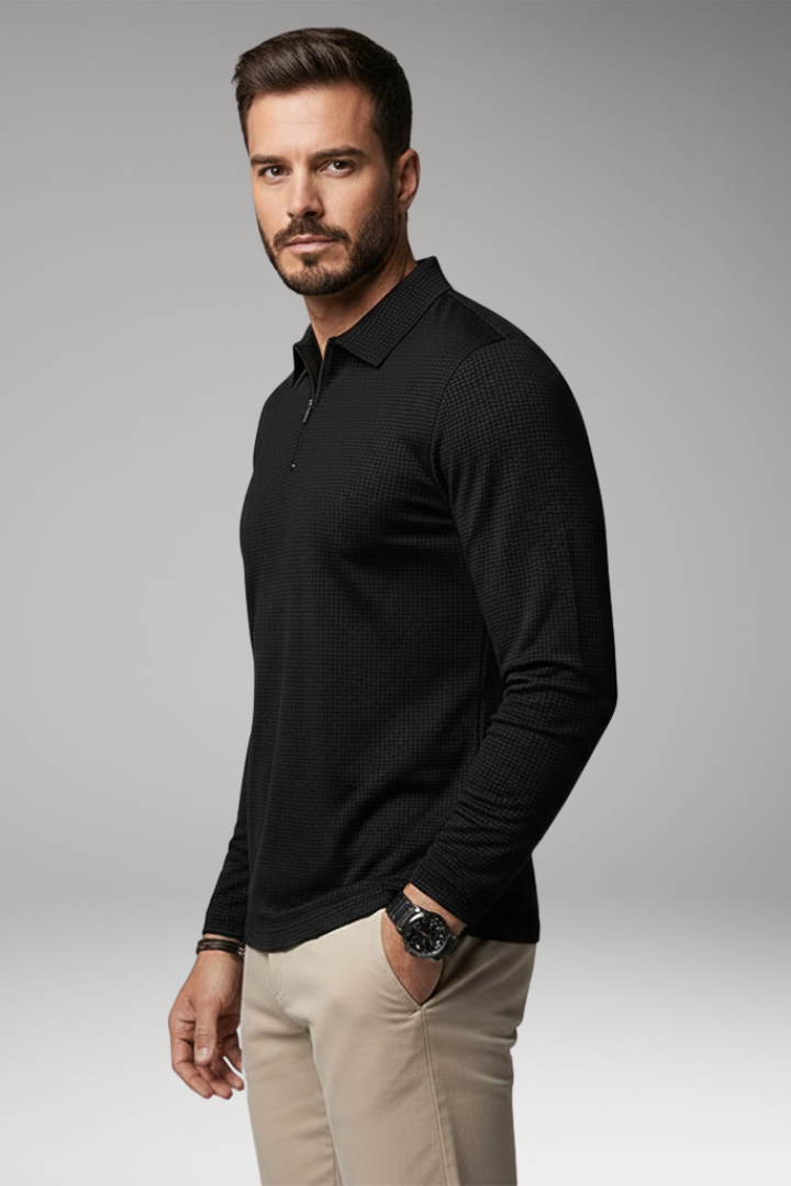 Men's Polo Shirt Long Sleeve Zipper Textured
