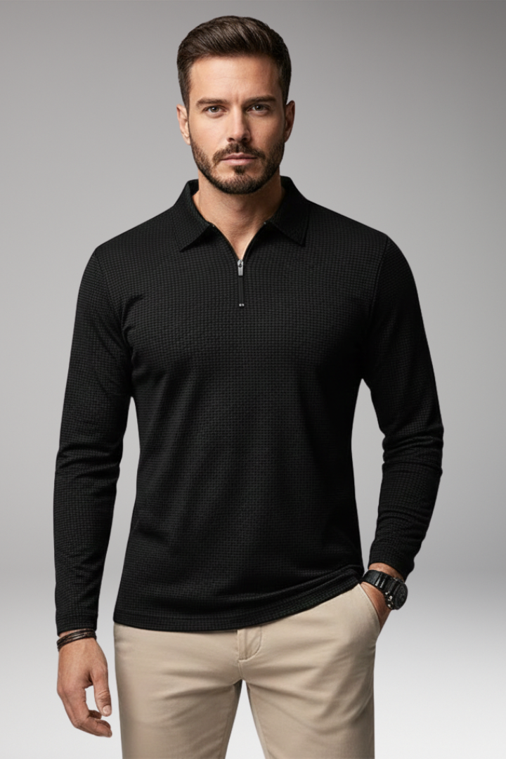 Men's Polo Shirt Long Sleeve Zipper Textured