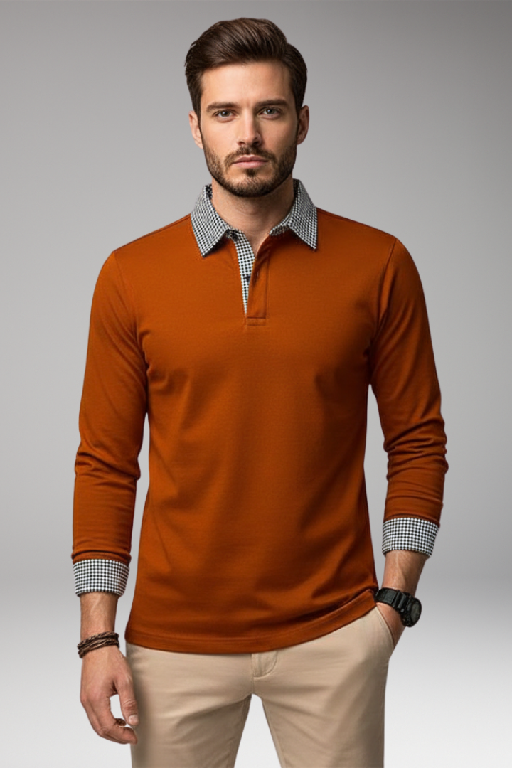 Men's Plaid Polo Shirt Long Sleeve Button Collar