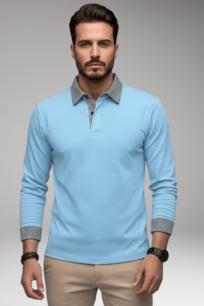 Men's Plaid Polo Shirt Long Sleeve Button Collar