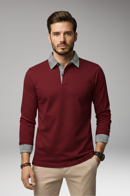 Men's Plaid Polo Shirt Long Sleeve Button Collar