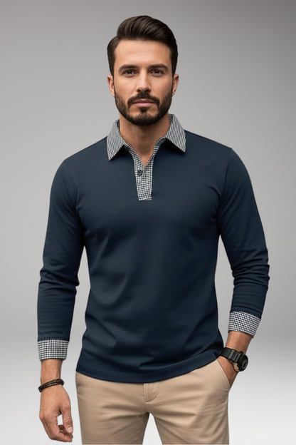 Men's Plaid Polo Shirt Long Sleeve Button Collar