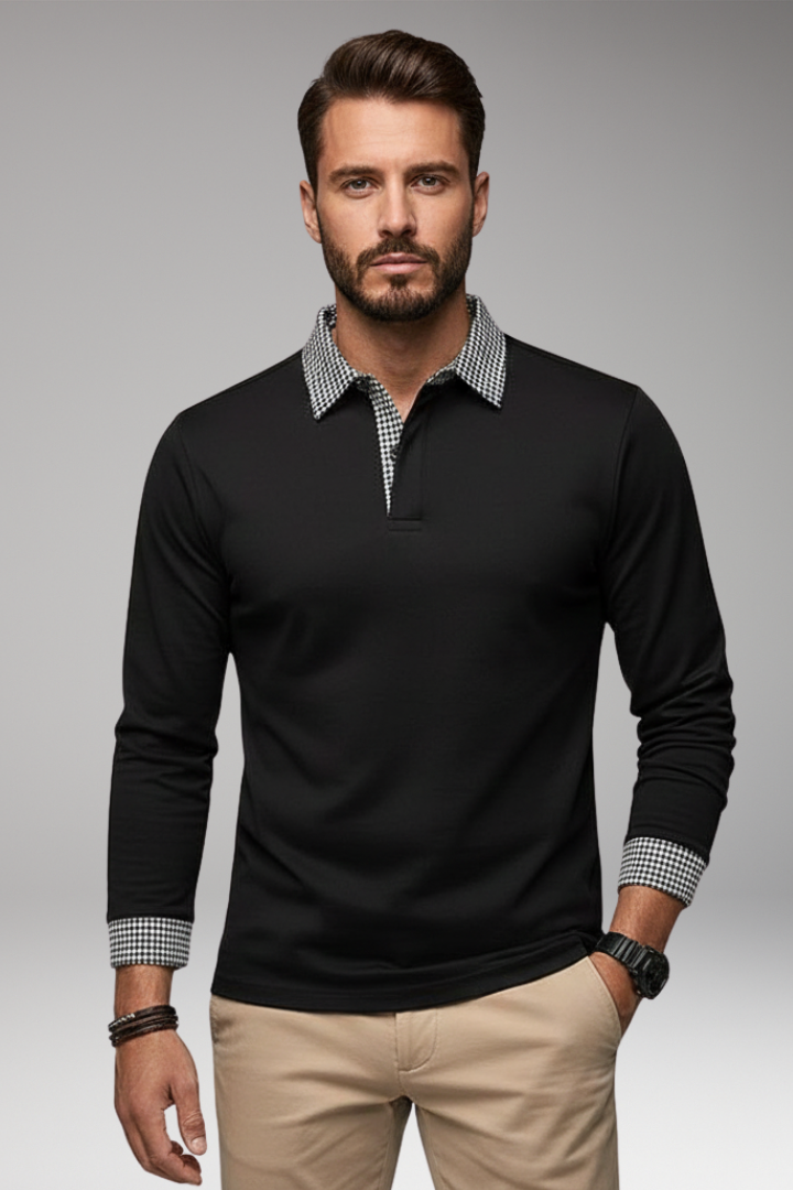 Men's Plaid Polo Shirt Long Sleeve Button Collar