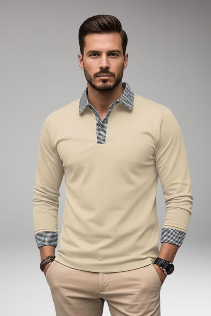 Men's Plaid Polo Shirt Long Sleeve Button Collar