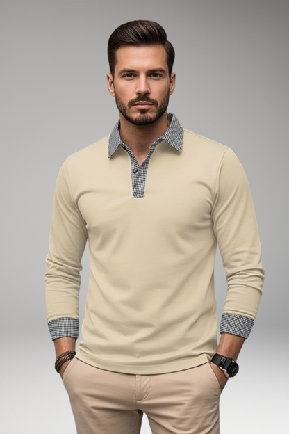 Men's Plaid Polo Shirt Long Sleeve Button Collar