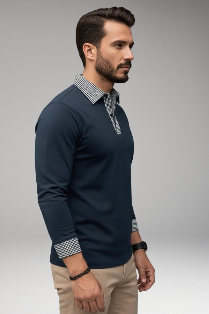Men's Plaid Polo Shirt Long Sleeve Button Collar