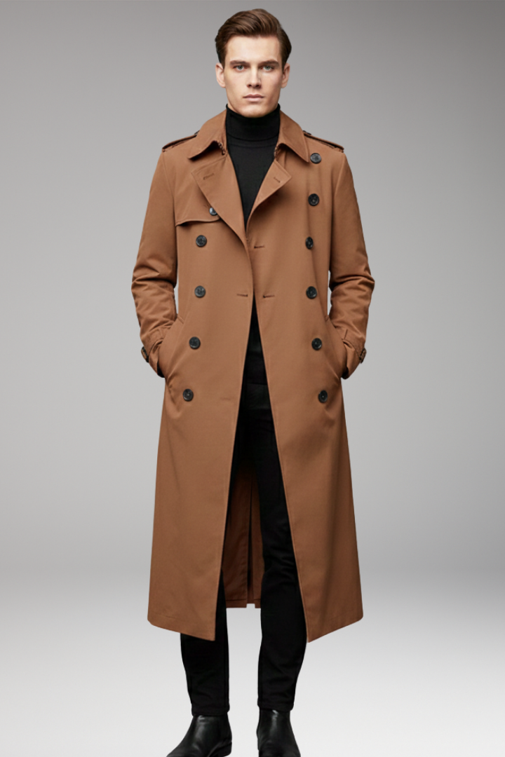 Men's Long Trench Coat Belted Button Front