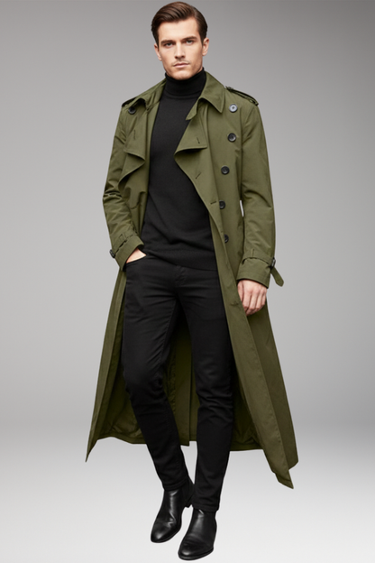 Men's Long Trench Coat Belted Button Front