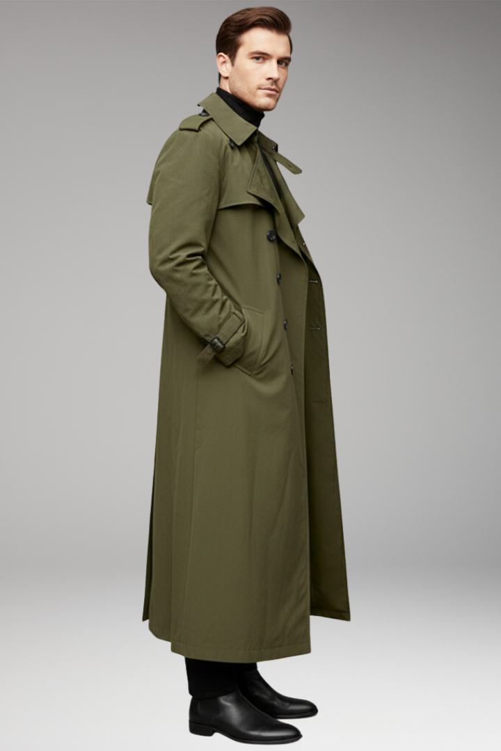 Men's Long Trench Coat Belted Button Front
