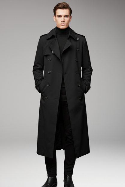 Men's Long Trench Coat Belted Button Front