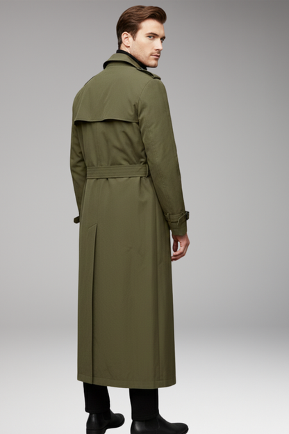 Men's Long Trench Coat Belted Button Front