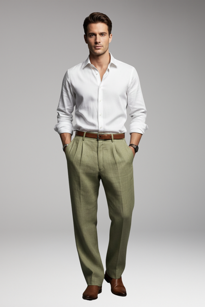 Men's Pleated Elastic Waist Pants Button Closure