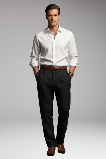 Men's Pleated Elastic Waist Pants Button Closure