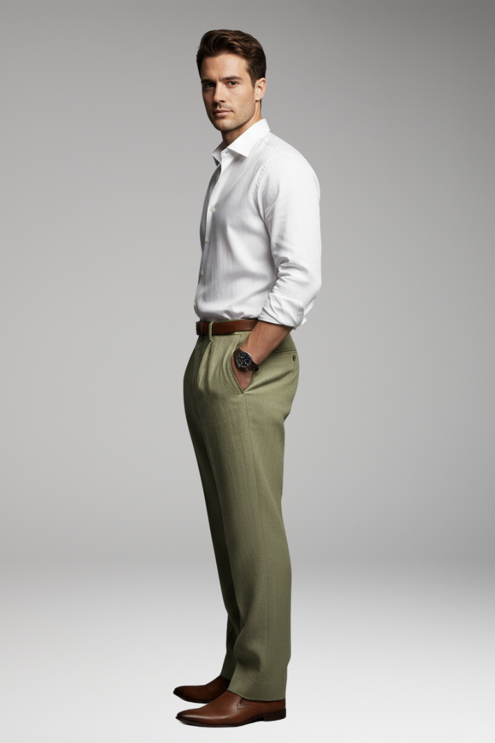 Men's Pleated Elastic Waist Pants Button Closure