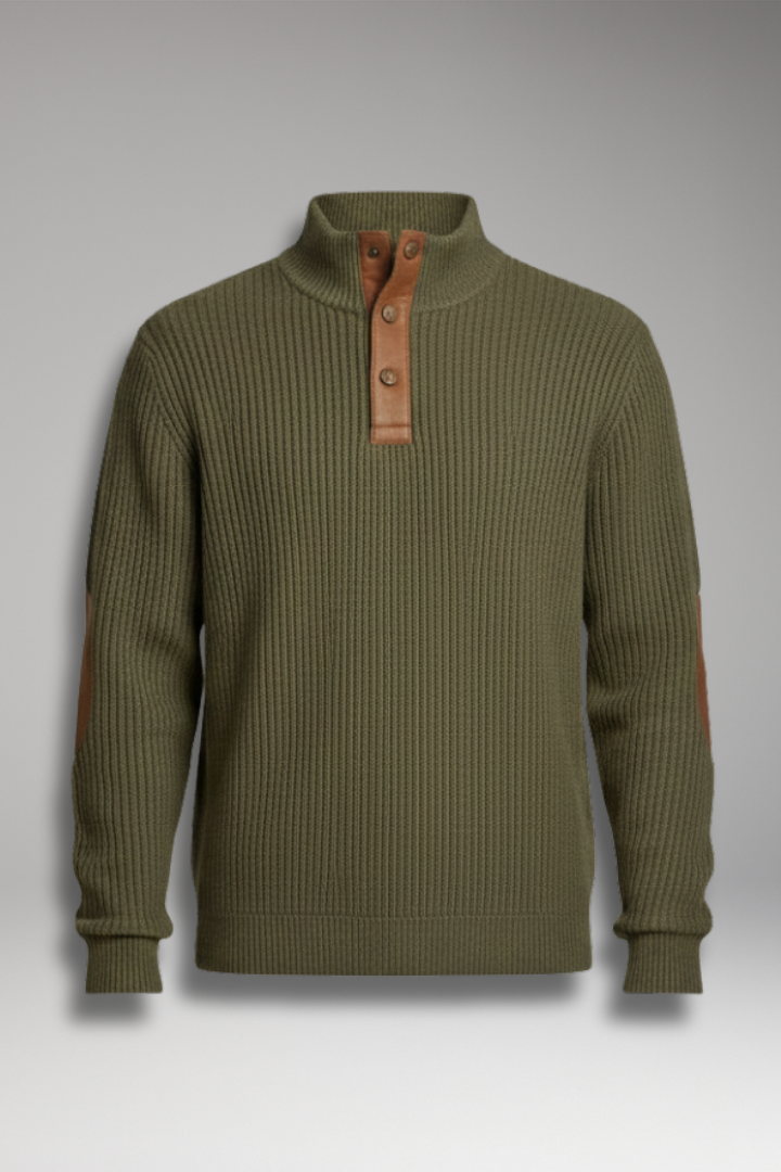 Men's Pullover Sweater Button Neck Elbow Patch Detail - Vonnera