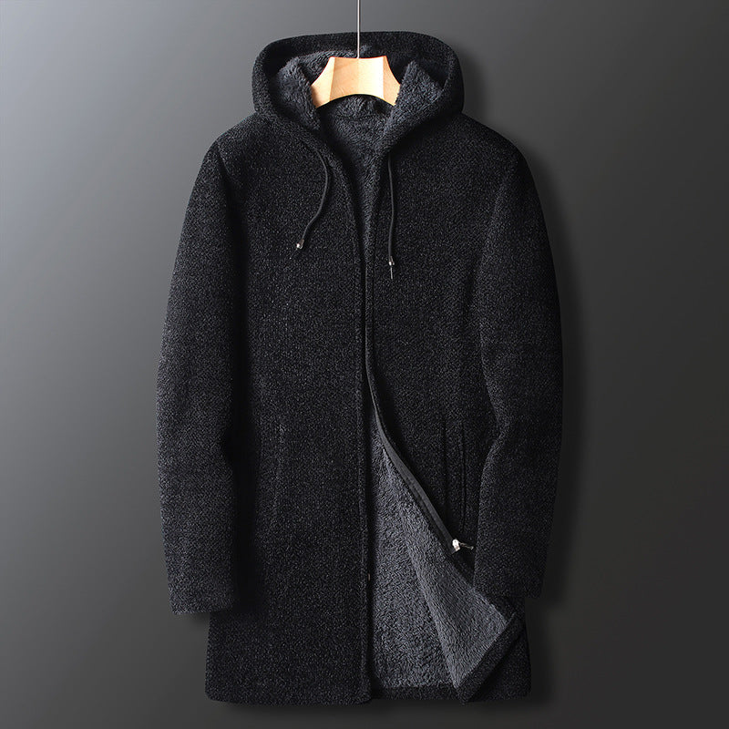 Men's Long Hooded Fleece Jacket Zip-Up Adjustable Drawstring
