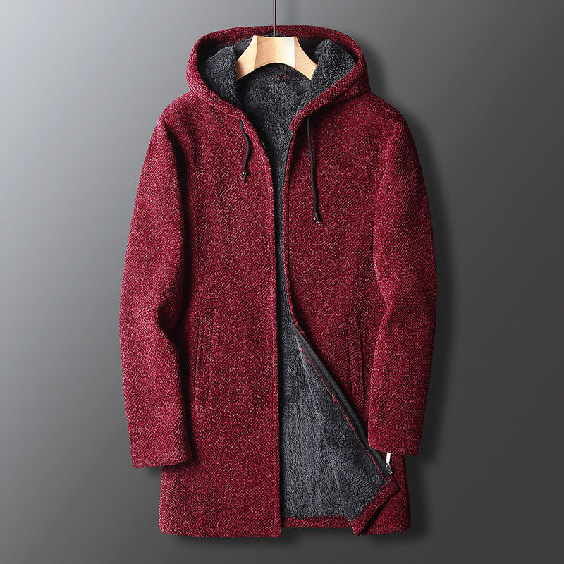 Men's Long Hooded Fleece Jacket Zip-Up Adjustable Drawstring