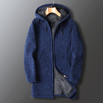 Men's Long Hooded Fleece Jacket Zip-Up Adjustable Drawstring