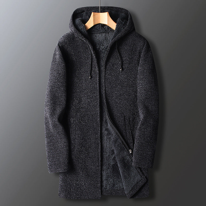 Men's Long Hooded Fleece Jacket Zip-Up Adjustable Drawstring