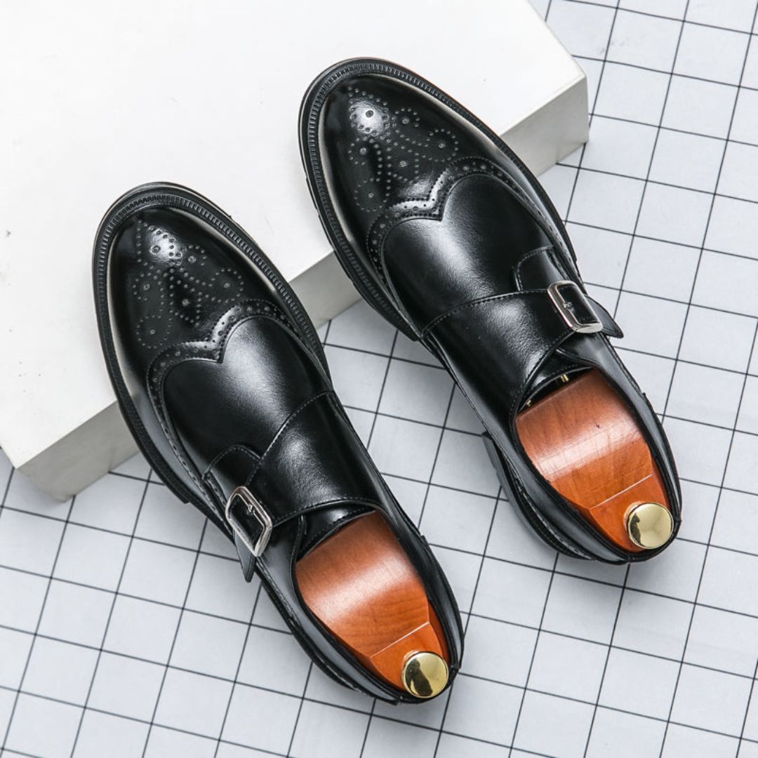 Men's Leather Monk Strap Dress Shoes Black - Vonnera