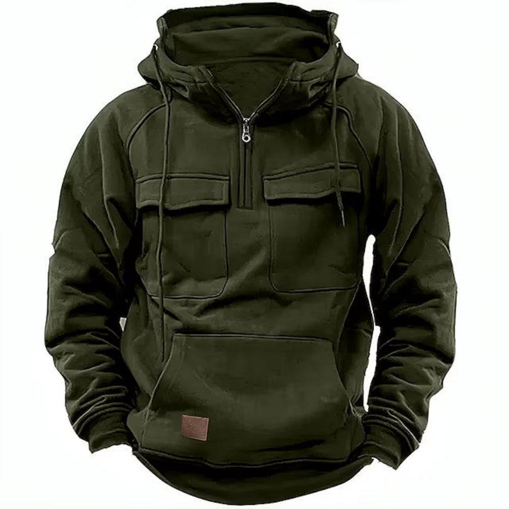 Men's Zipper Hoodie Chest Pocket Cotton Black