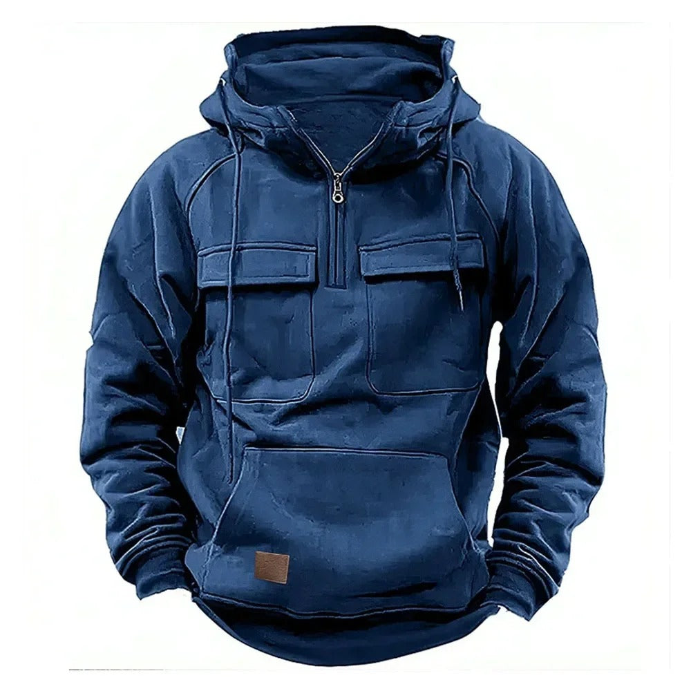 Men's Zipper Hoodie Chest Pocket Cotton Black