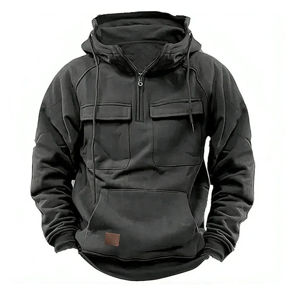 Men's Zipper Hoodie Chest Pocket Cotton Black