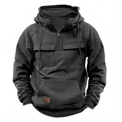 Men's Zipper Hoodie Chest Pocket Cotton Black