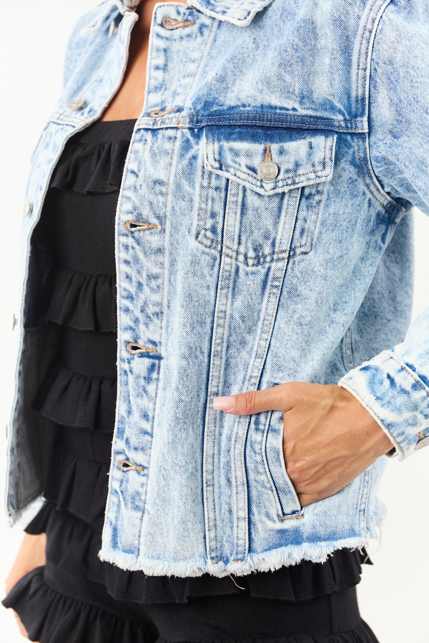 Women's Acid Wash Denim Jacket Lightweight Blue