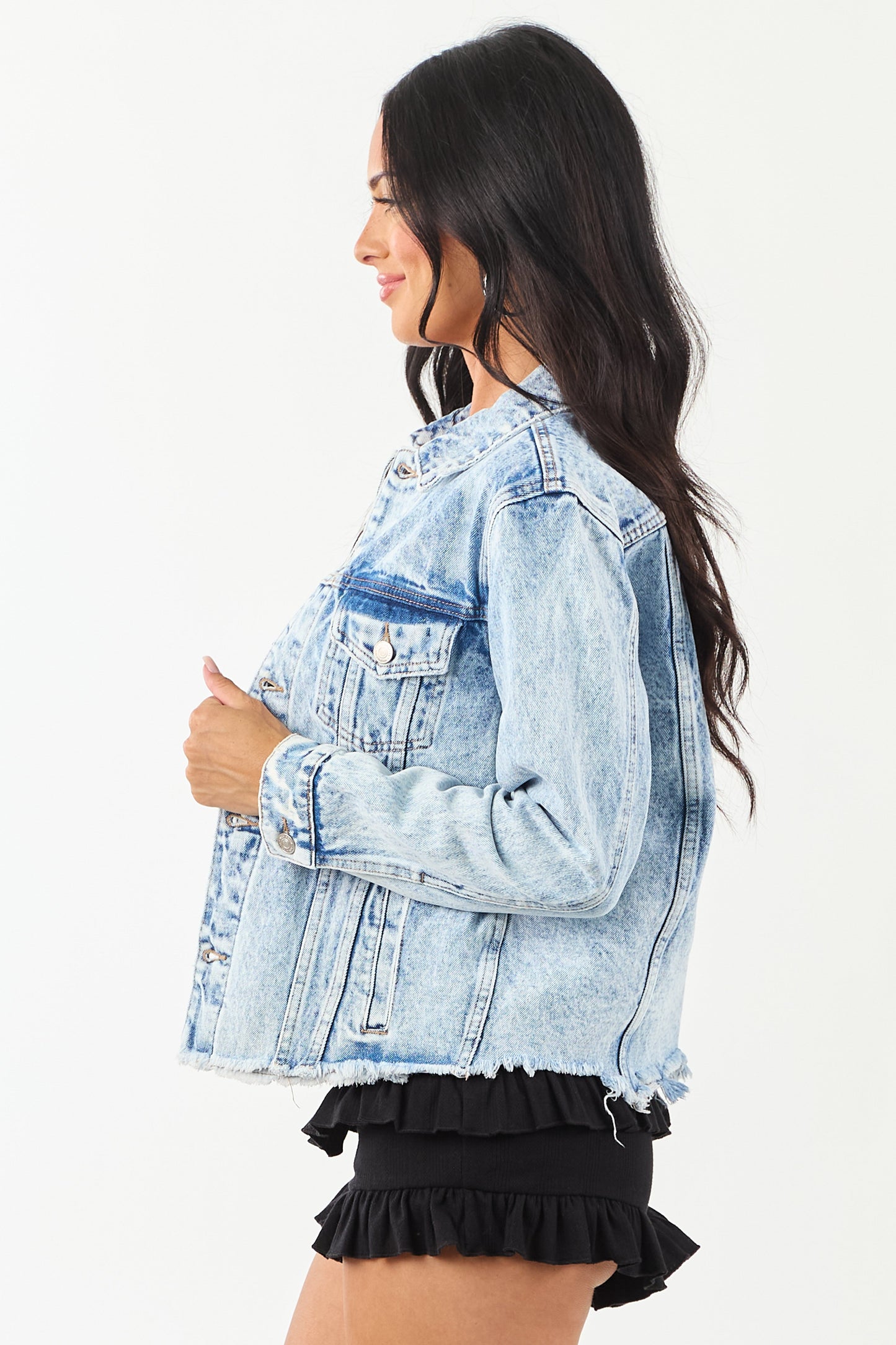 Women's Acid Wash Denim Jacket Lightweight Blue