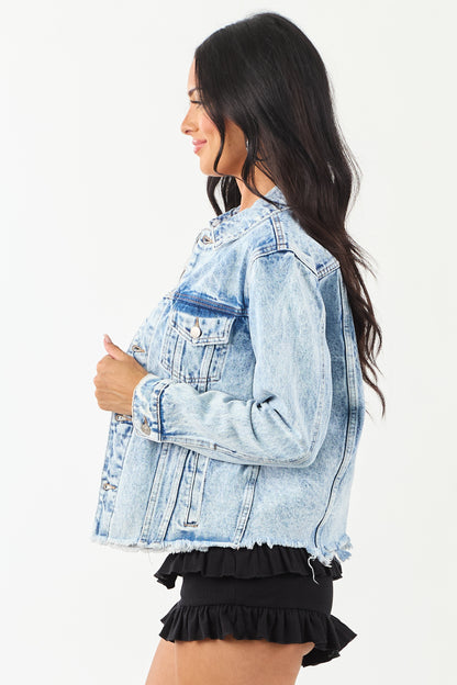 Women's Acid Wash Denim Jacket Lightweight Blue