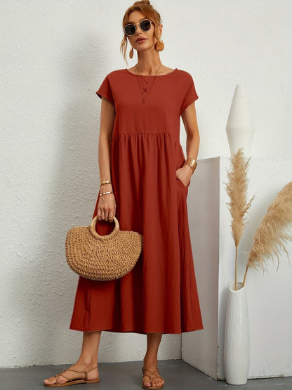 Women's Short Sleeve Round Neck Midi Dress