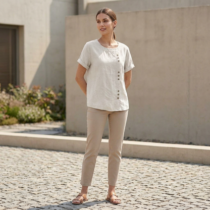 Women's Relaxed Fit Short Sleeve Blouse Asymmetric Button Detail