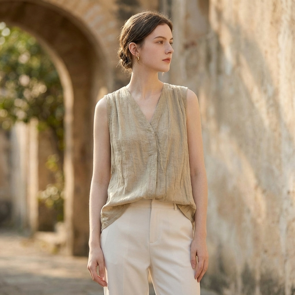Women's V-Neck Sleeveless Crinkle Texture