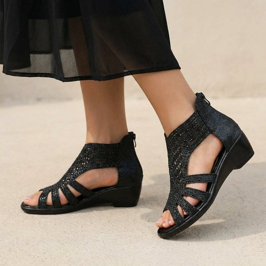Women's Cut-Out Wedge Sandals Back Zipper - Vonnera