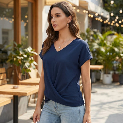 Women's Relaxed Fit V-Neck Blouse Cuffed Sleeves