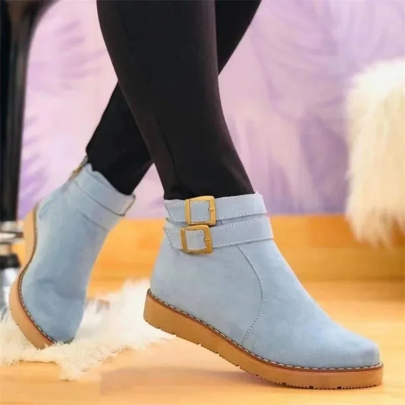 Women's Double Buckle Low Ankle Flat Boots