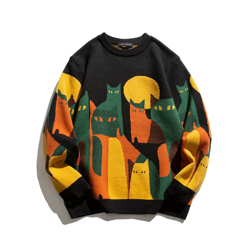 Women's Oversized Pullover Sweater Cat Graphic