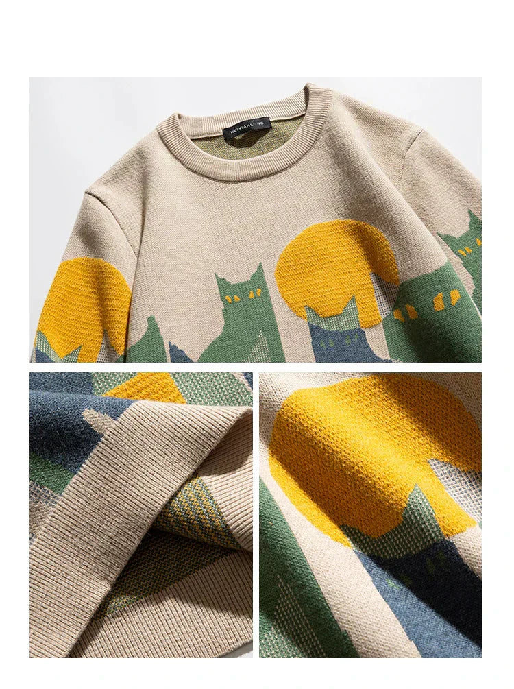 Women's Oversized Pullover Sweater Cat Graphic