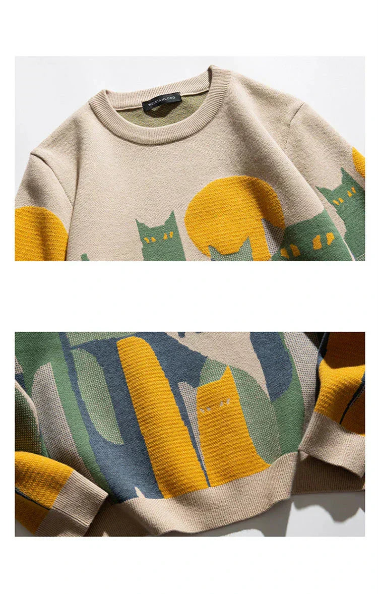 Women's Oversized Pullover Sweater Cat Graphic