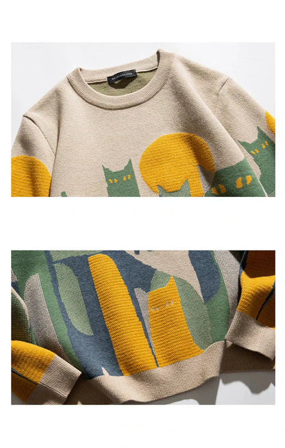 Women's Oversized Pullover Sweater Cat Graphic
