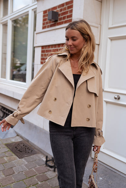 Women's Double-Breasted Trench Coat Cotton Belted Cuffs Beige