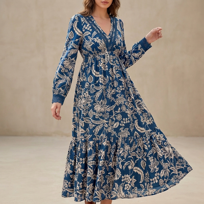 Women's V-Neck Maxi Dress Lace Trim Tiered Skirt - Vonnera