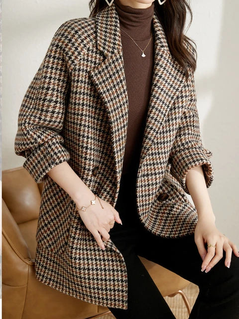Women's Checked Wool Coat Comfortable Fit - Vonnera