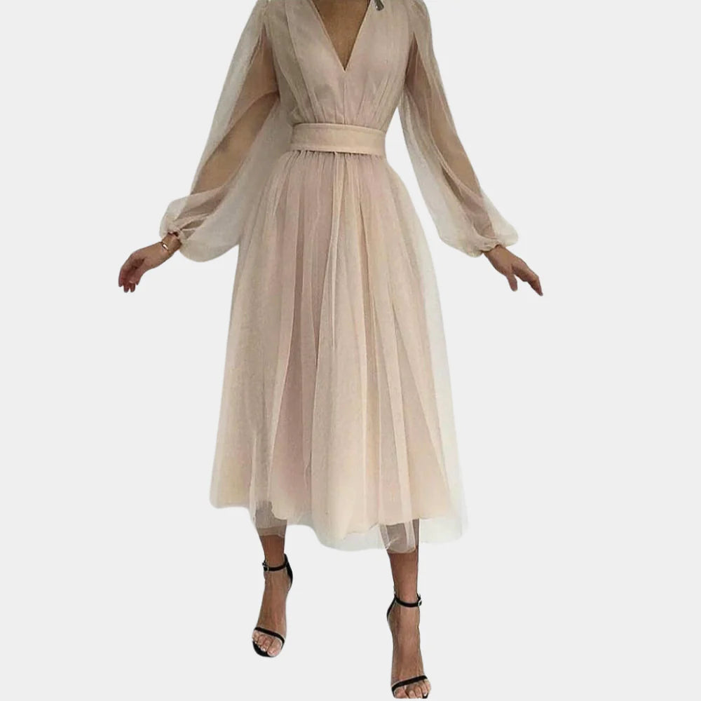 Women's Midi Dress Lace Detail Beige