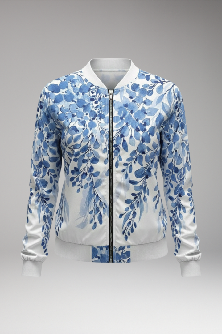 Women's Floral Bomber Jacket Zip Ribbed Hem - Vonnera