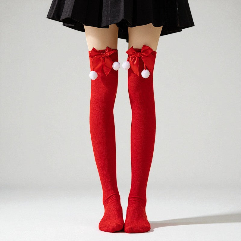 Women's Pom Pom Over The Knee Christmas Socks - Vonnera