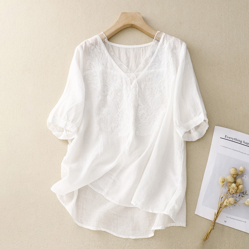 Women's Linen Blend V-Neck Short Sleeve Blouse