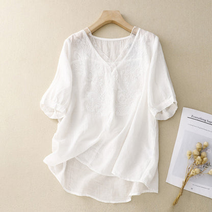 Women's Linen Blend V-Neck Short Sleeve Blouse