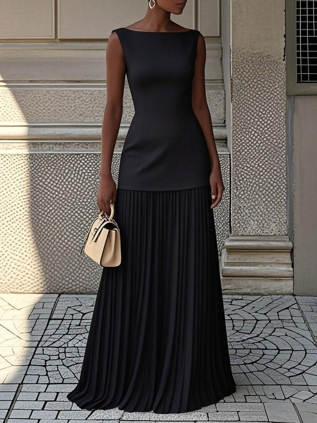 Women's Sleeveless Maxi Dress Pleated Bottom